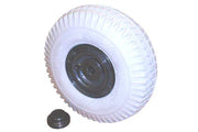 White wheelchair wheel with black hub and cap, durable accessory for mobility devices