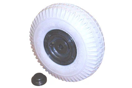 White wheelchair wheel with black hub and cap, durable accessory for mobility devices