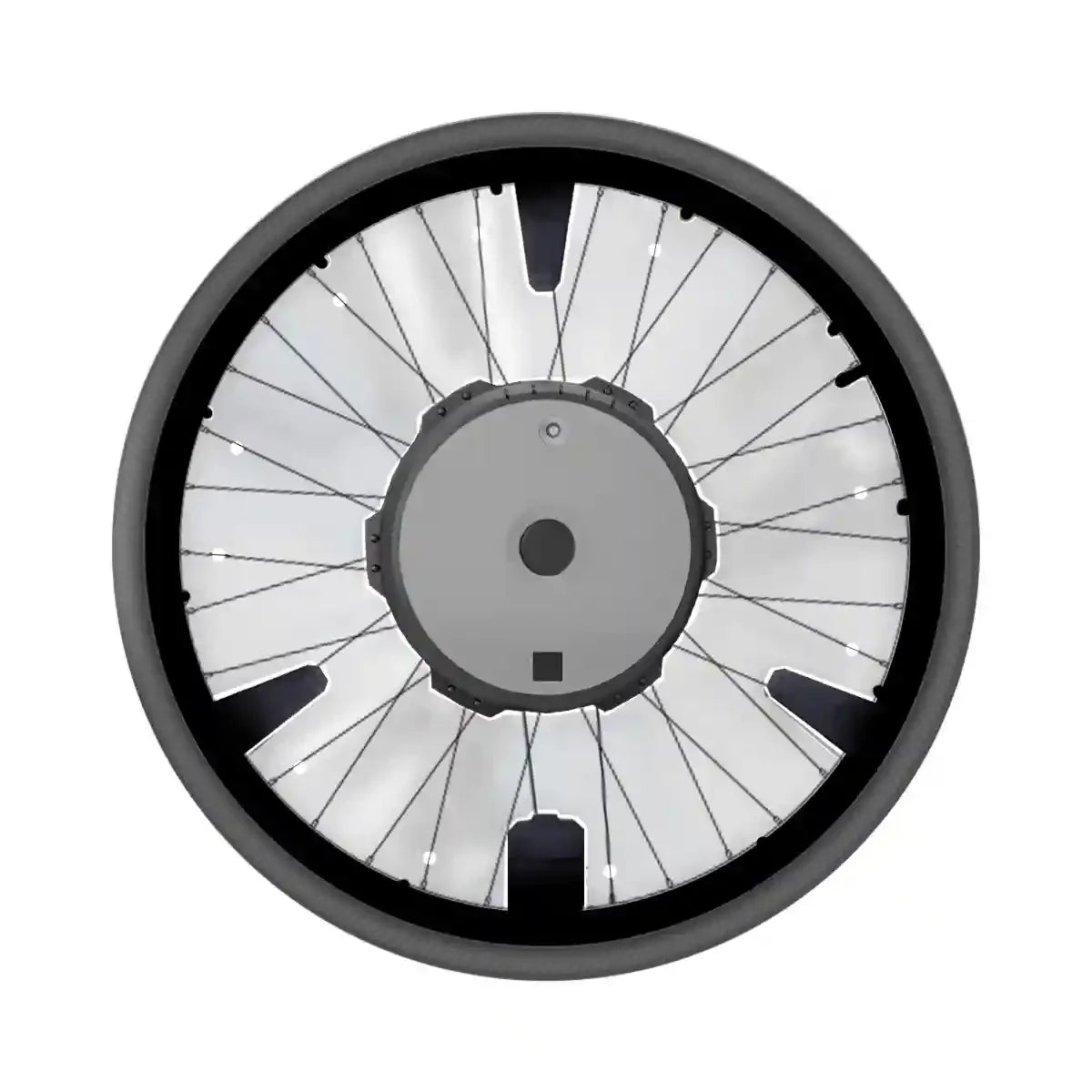 Transparent spoke guards installed on a wheelchair wheel with visible spokes