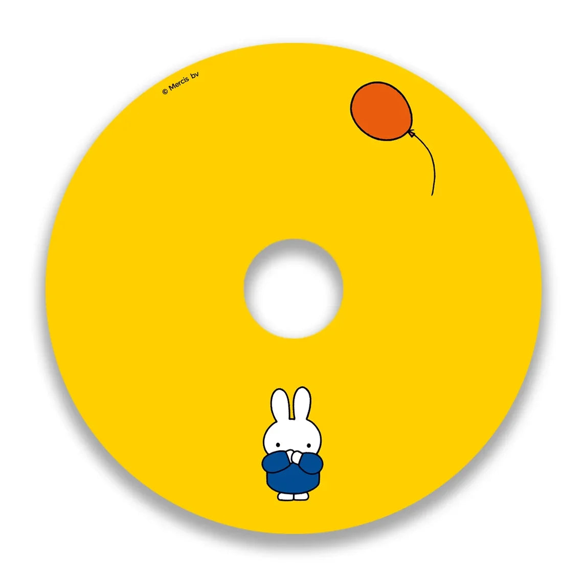 Yellow wheelchair spoke guard with cartoon bunny holding a blue object and orange balloon design