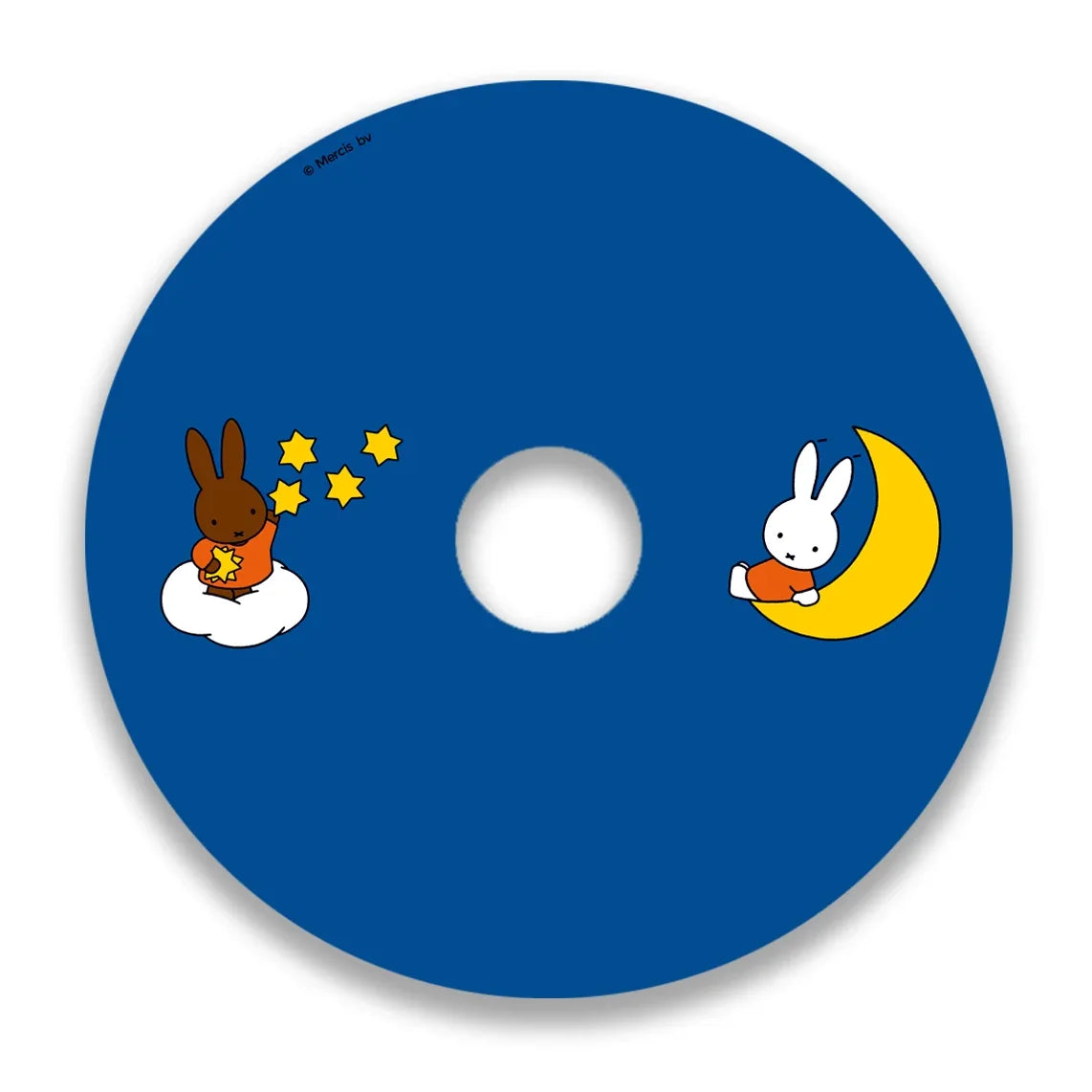 Blue wheelchair spoke guard featuring cartoon rabbits with stars and a crescent moon design