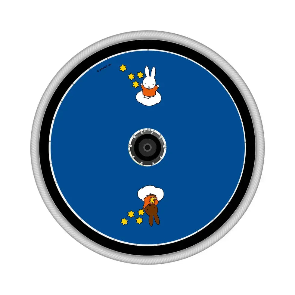 Blue wheelchair spoke guard with rabbit characters and yellow stars design