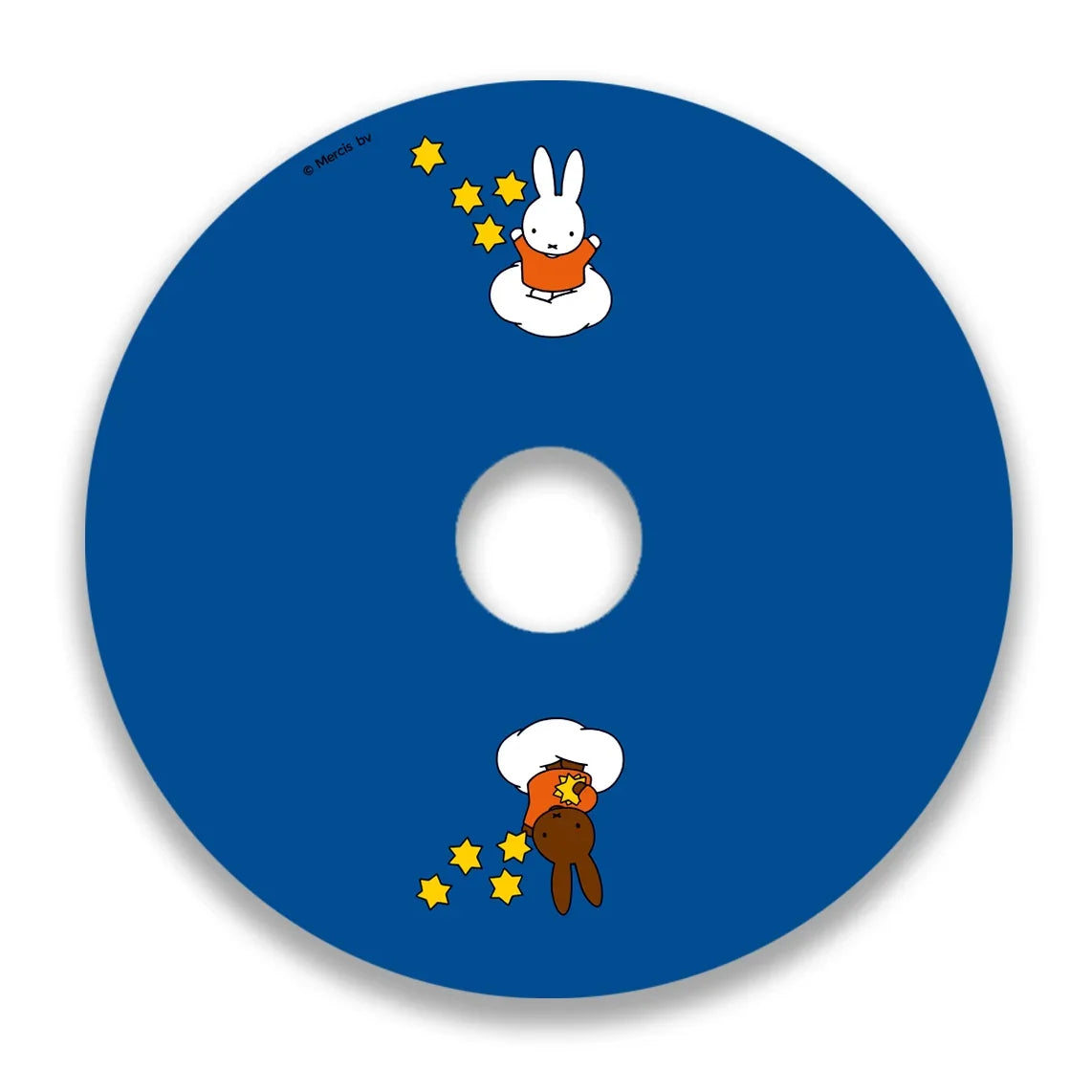 Blue wheelchair spoke guard featuring two cartoon bunnies playing with yellow stars