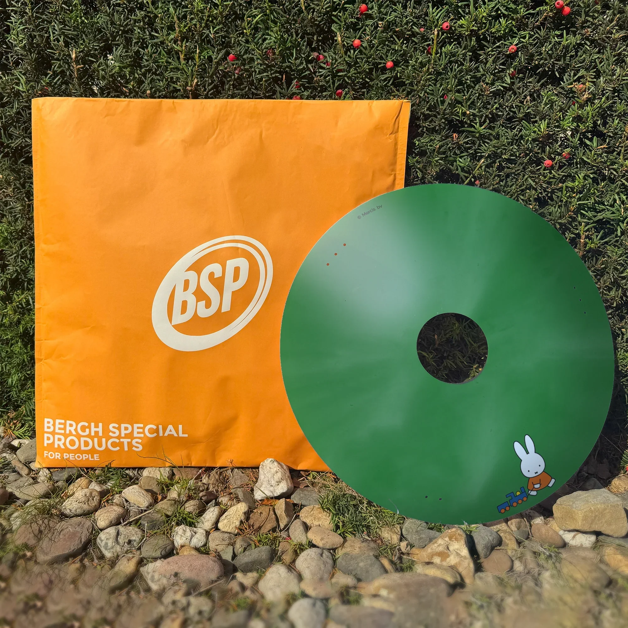 Green wheelchair spoke guard with Miffy playing with toy train, next to orange BSP packaging outdoors