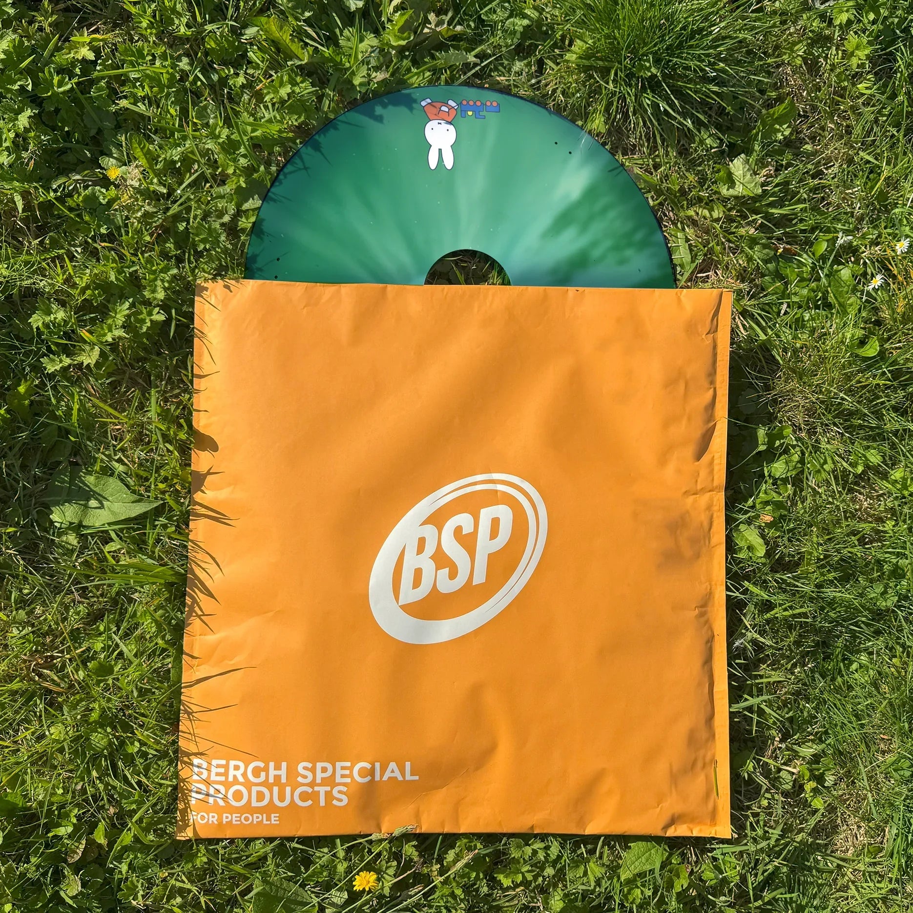 Green wheelchair spoke guard with cartoon bunny and toy train, partly in orange BSP bag on grass