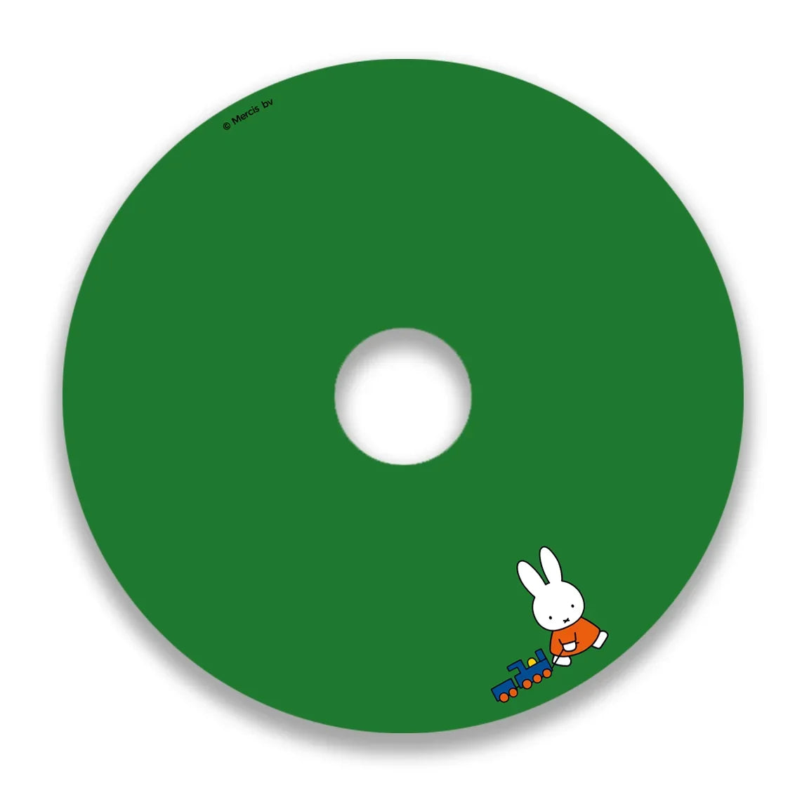 Green wheelchair spoke guard featuring a cartoon bunny playing with a toy train