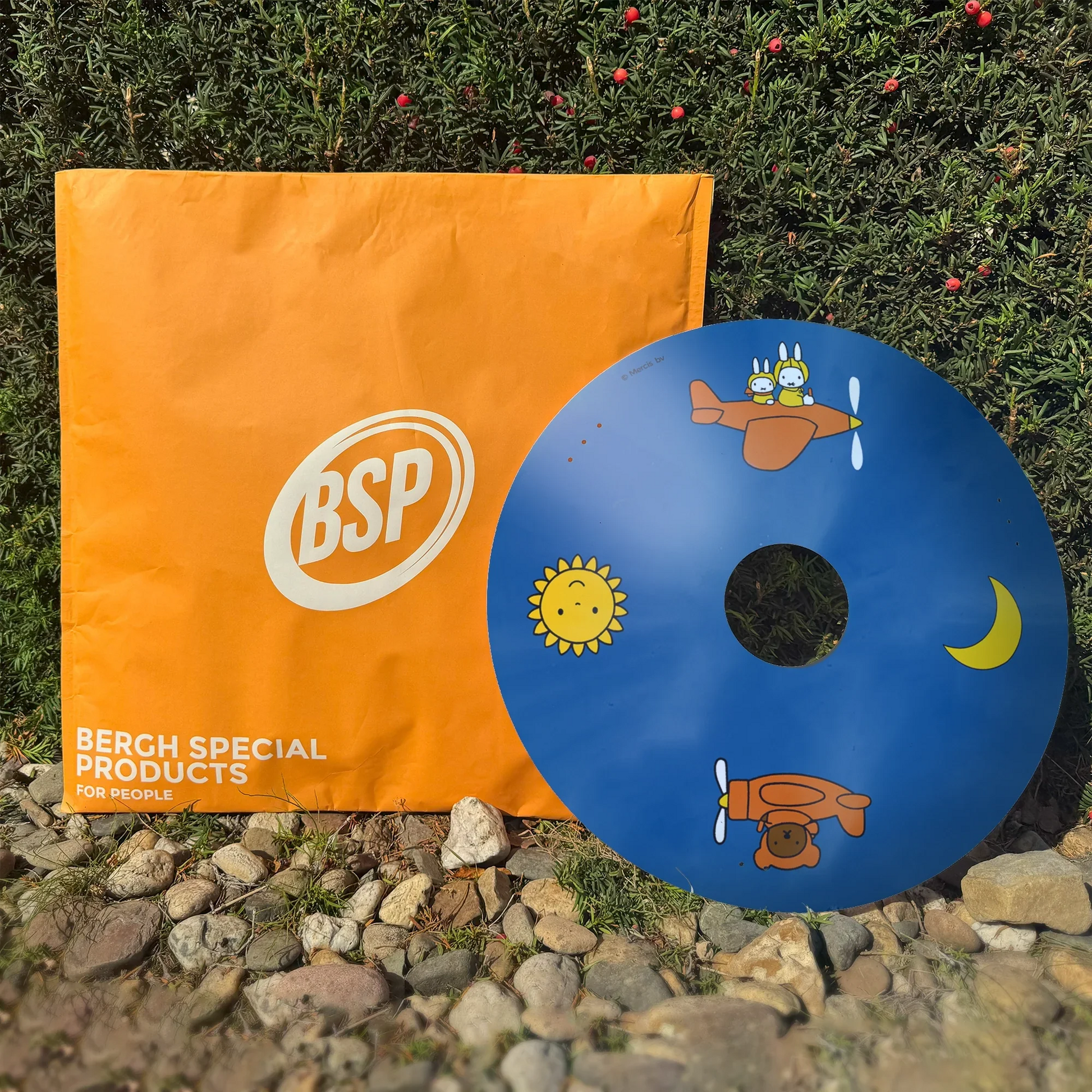 Colorful wheelchair spoke guard with cartoon sun, moon, bunny in airplane, next to orange BSP bag