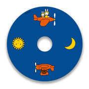 Blue wheelchair spoke guard with cartoon airplane, bunny characters, sun, and crescent moon.