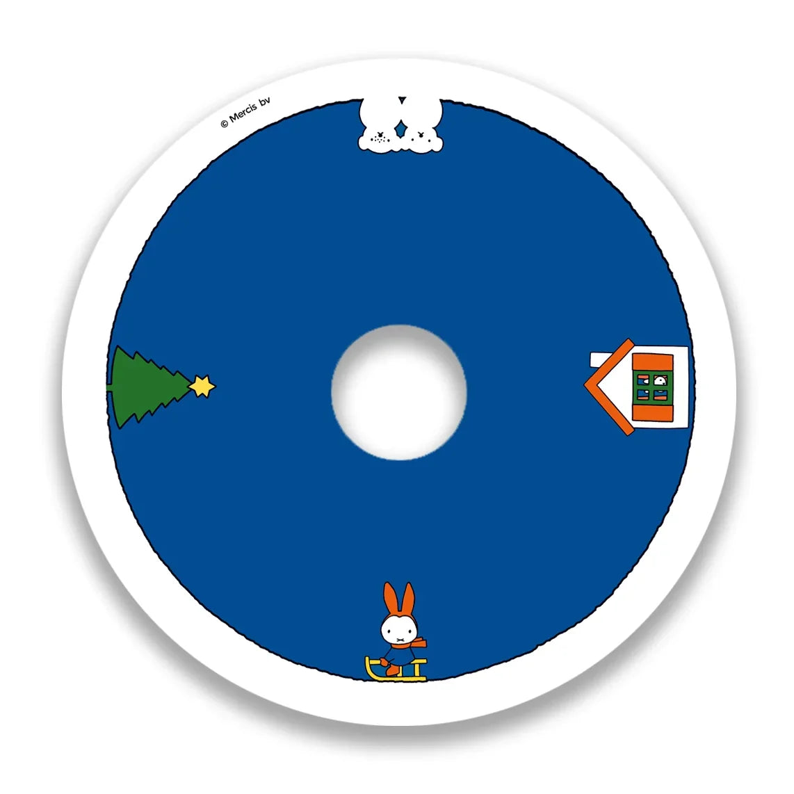Blauer Rollstuhl-Speichenschutz mit Cartoon-Häschen auf Schlitten, Weihnachtsbaum, Haus und Schnee