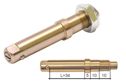 Brass wheelchair hardware pin with threaded end and measurement specs for durable mobility parts