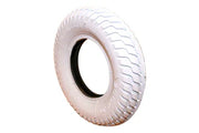 White wheelchair tire with deep tread pattern, durable rubber construction for mobility aid use