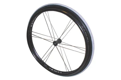 Black wheelchair wheel with silver rim and spoke guards, durable design for mobility aids