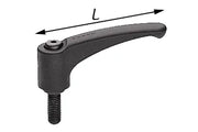Black ergonomic wheelchair adjustment lever with threaded bolt and length indicator