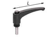 Black ergonomic wheelchair lever with threaded stem and length measurement L for custom mobility parts