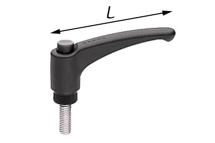 Black ergonomic wheelchair lever handle with threaded stem and length measurement