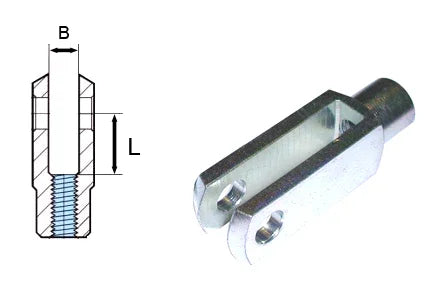 Metal wheelchair accessory connector with threaded insert, shown with technical diagram dimensions