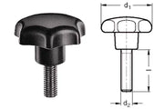 Black ergonomic knob with threaded bolt, technical diagram showing dimensions for wheelchair accessories