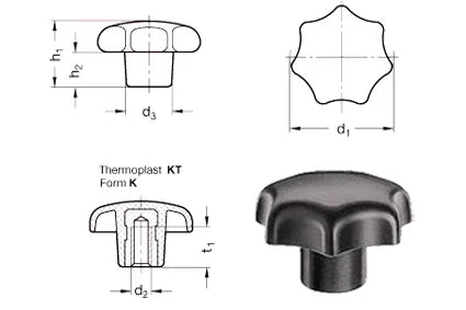 Black thermoplastic wheelchair knob with technical specs, durable wheelchair accessory part