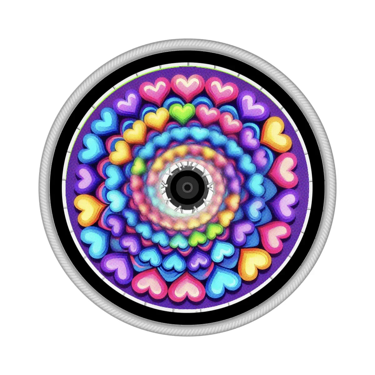 Colorful spiral hearts spoke protector on wheelchair wheel, decorative wheelchair accessory