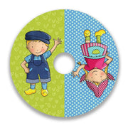 Colorful wheelchair spoke guard with cartoon boy and girl on green and blue backgrounds