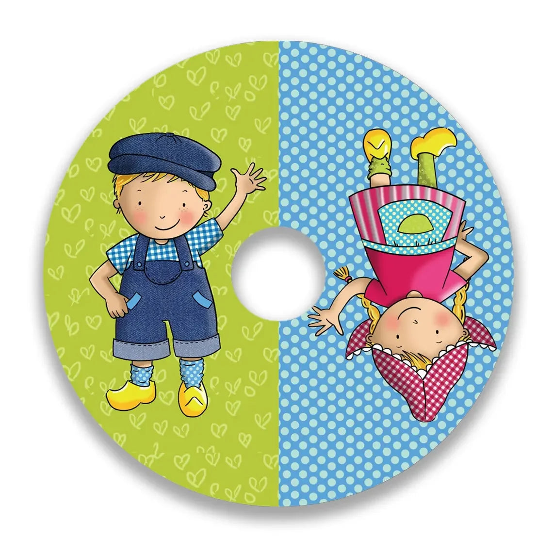 Colorful wheelchair spoke guard with cartoon boy and girl on green and blue backgrounds