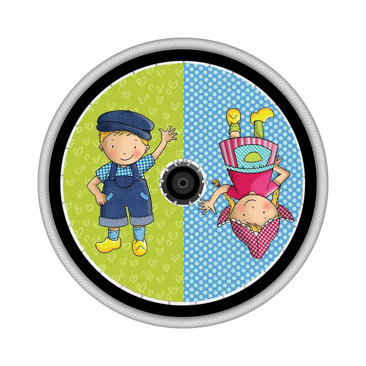 Colorful wheelchair spoke guard with cartoon boy and girl on green and blue backgrounds