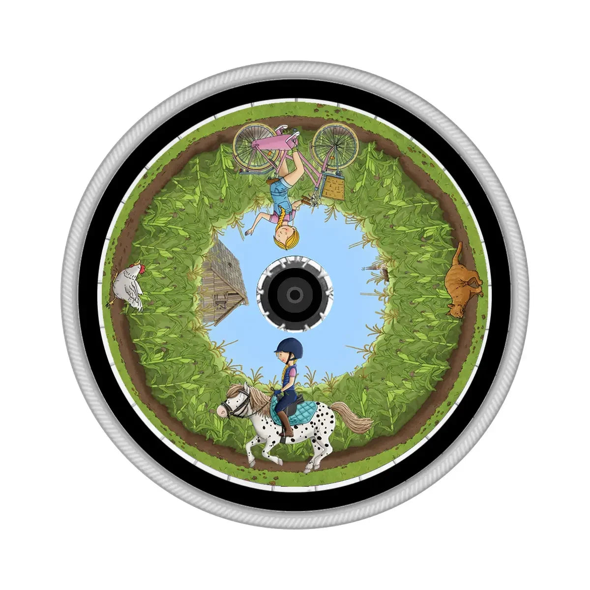 Wheelchair spoke guard with cartoon child riding pony, girl on bike, dog, chicken, cornfield scene
