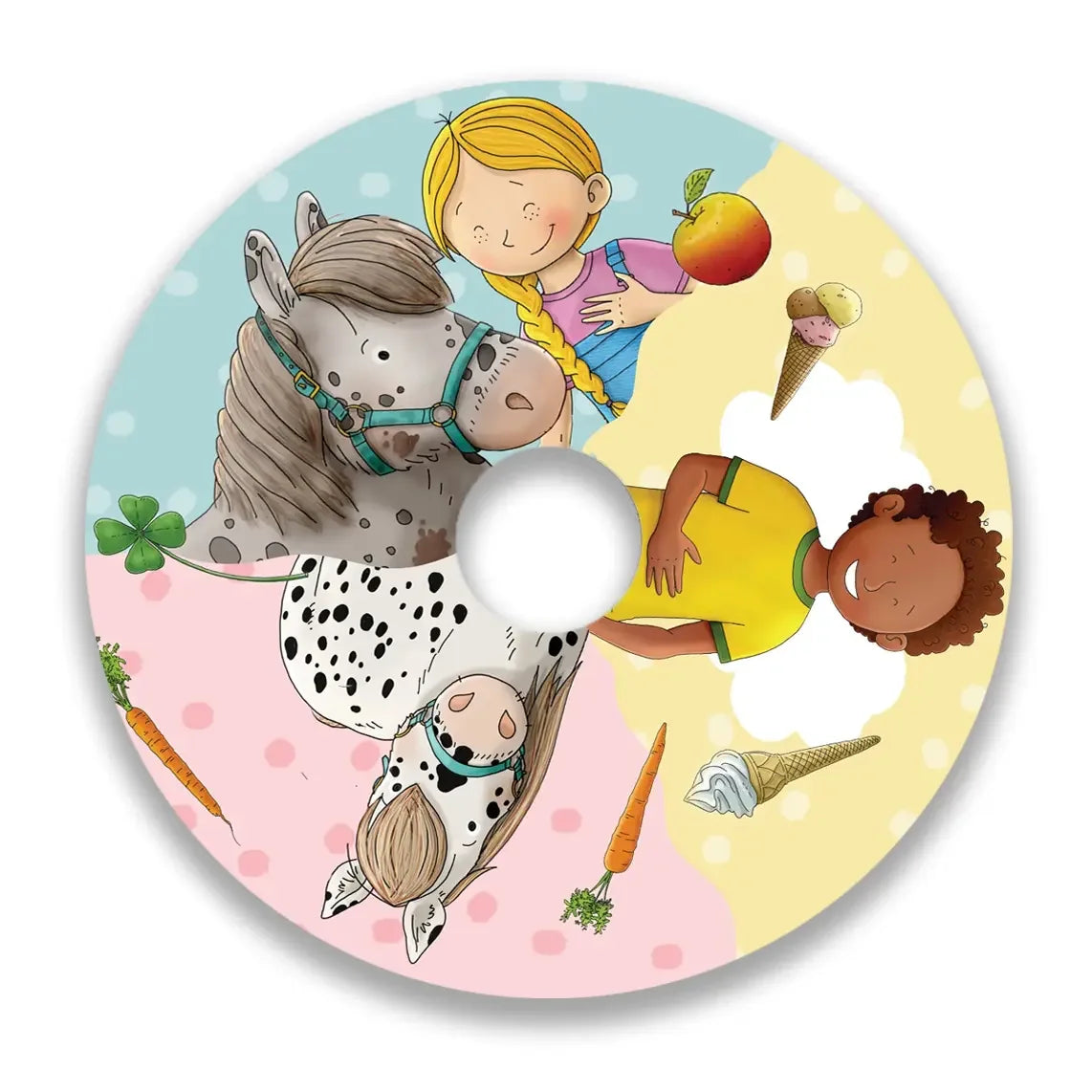 Colorful wheelchair spoke guard featuring cartoon horses, smiling children, and playful snacks.