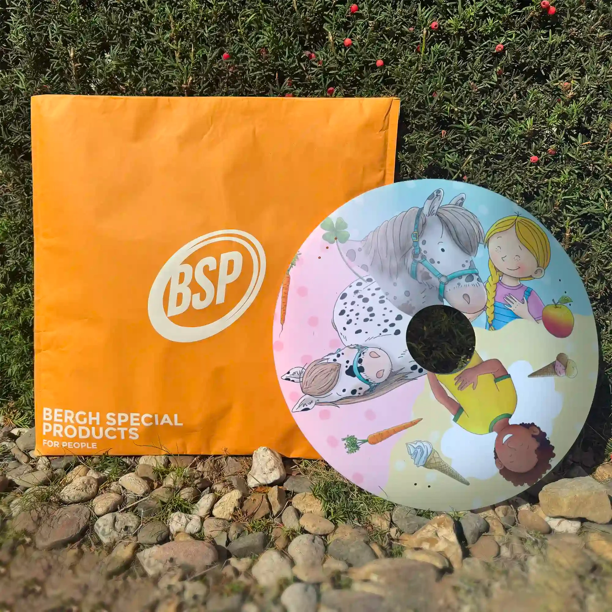 Colorful wheelchair spoke guard with cartoon children and pony design, next to orange BSP bag outdoors