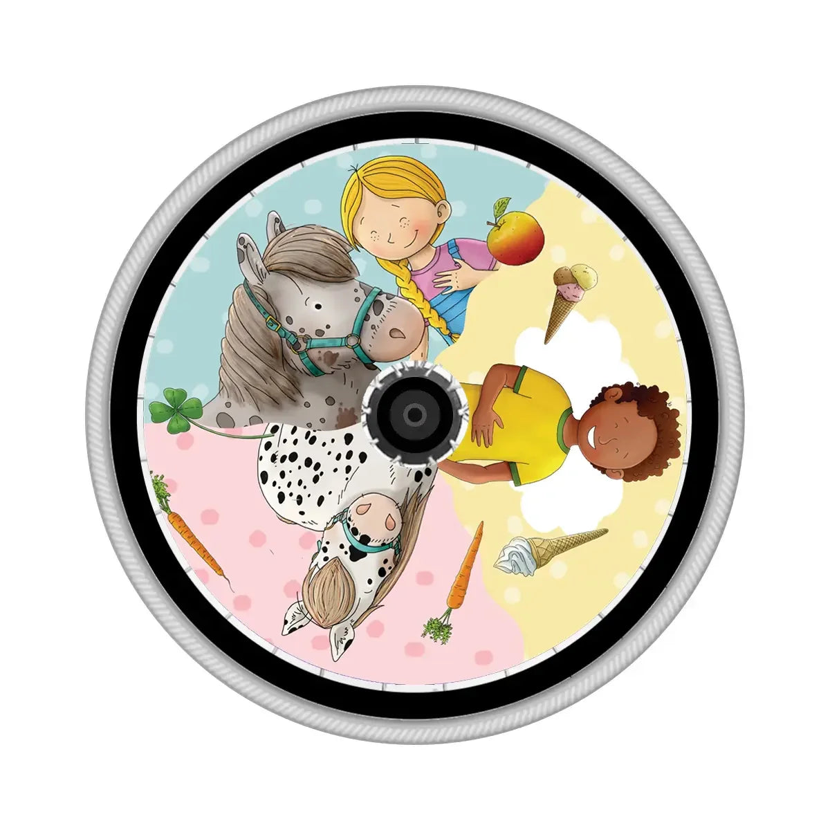 Colorful wheelchair spoke guard featuring cartoon children, ponies, carrots, ice cream, and apple.
