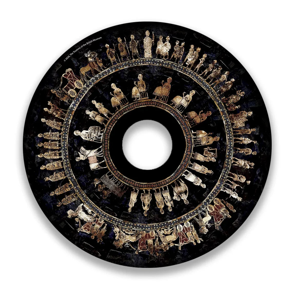 Rollstuhl-Speichenschutz mit detailliertem Kunstmotiv der antiken Standarte von Ur, runde Form