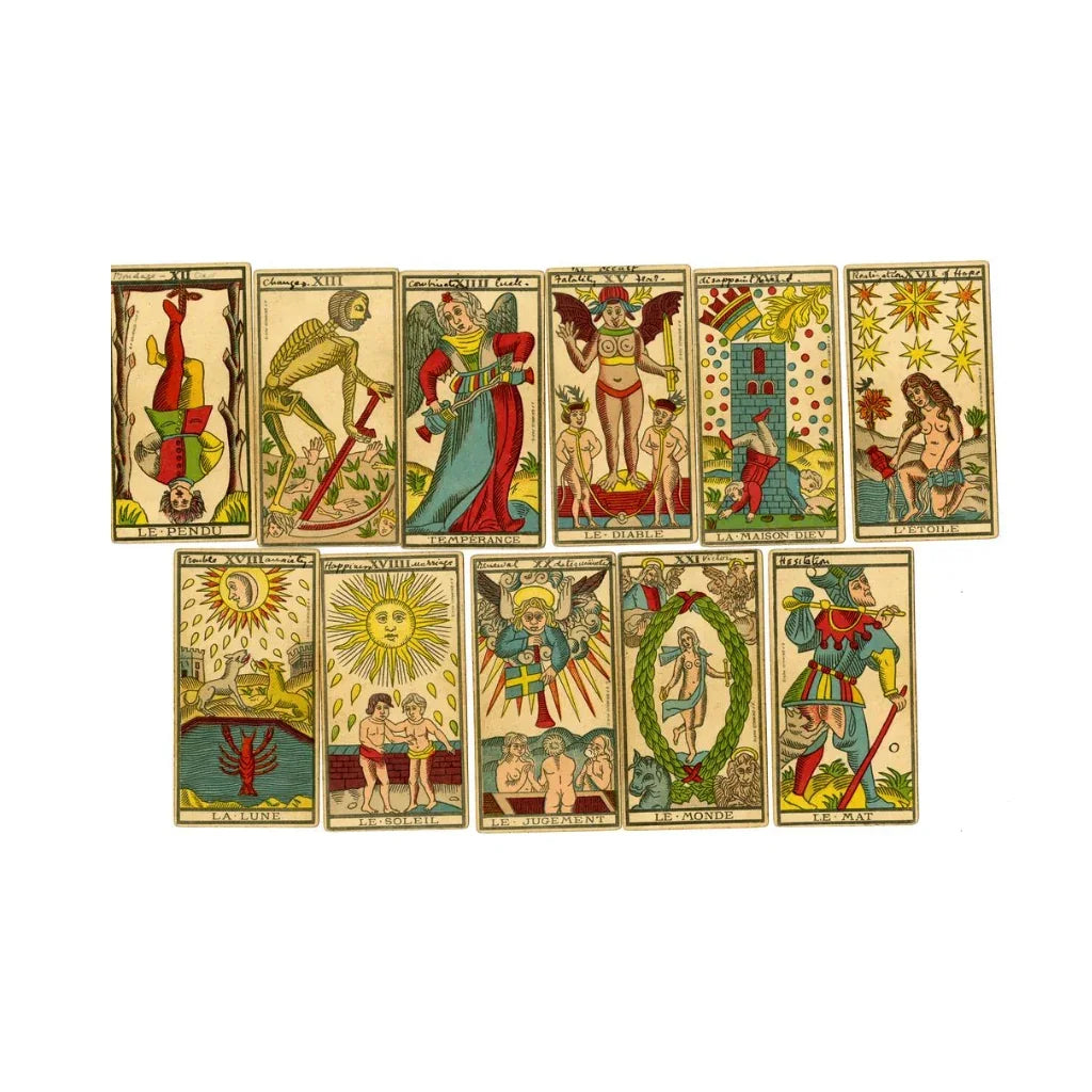 Vintage 1898 tarot card deck with colorful illustrations, major arcana spread on white background