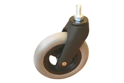Durable wheelchair caster wheel with black stem and gray rubber tire for smooth mobility