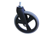 Black wheelchair caster wheel with gray tire and metal stem for mobility equipment