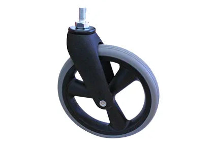 Black wheelchair caster wheel with gray tire and metal stem for mobility equipment