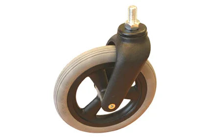 Durable wheelchair caster wheel with black frame and gray tire, ideal for smooth mobility and everyday use.