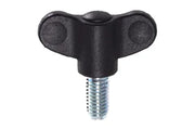 Black plastic wing nut with metal threaded bolt for wheelchair accessories and parts
