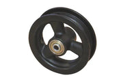 Black wheelchair wheel with durable 3-spoke design and metal bearing for smooth mobility