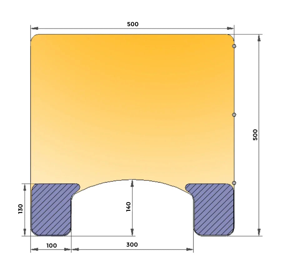 Technical drawing of a square wheelchair tray with rounded corners and detailed measurements