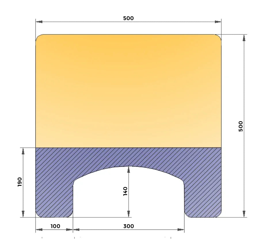 Wheelchair tray technical drawing with precise measurements, rectangular shape, arched cutout