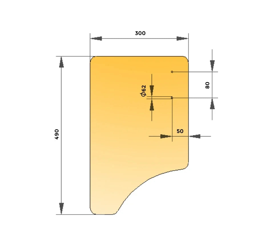 Yellow wheelchair accessory tray with technical dimensions labeled in millimeters