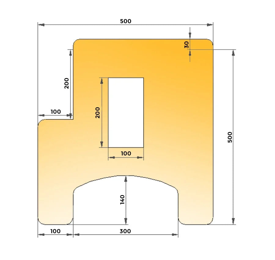 Square yellow wheelchair tray with detailed dimensions and a central rectangular cutout