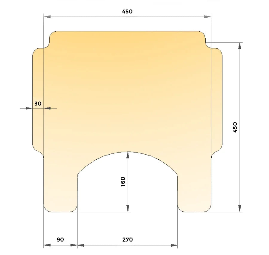 Wheelchair tray top view with measurements, rectangular shape and curved cutout, 450x450 mm