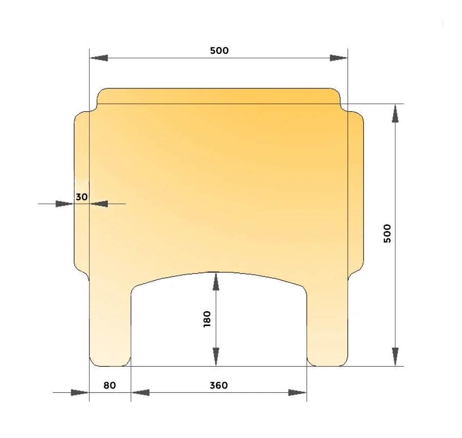 Technical diagram of a wheelchair tray with dimensions, showing cutouts and labeled measurements.