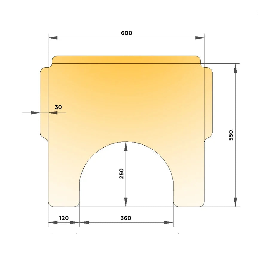 Technical drawing of a wheelchair tray with measurements in millimeters.