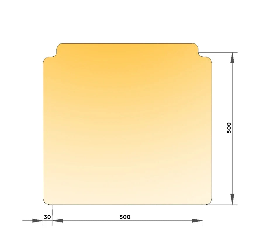 Quadratischer orangefarbener Rollstuhl-Therapietisch mit abgerundeten Ecken, Maßzeichnung 500 mm x 500 mm