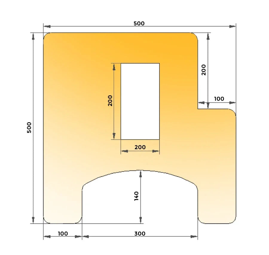 Technical drawing of a square wheelchair tray insert with rounded corners and measurements