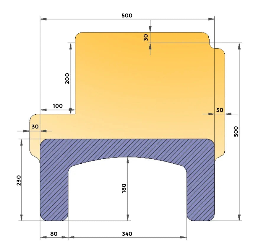 Technical drawing of a rectangular wheelchair accessory part with precise measurements.