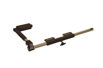 Adjustable wheelchair tray arm with black padding and metal frame for secure mounting