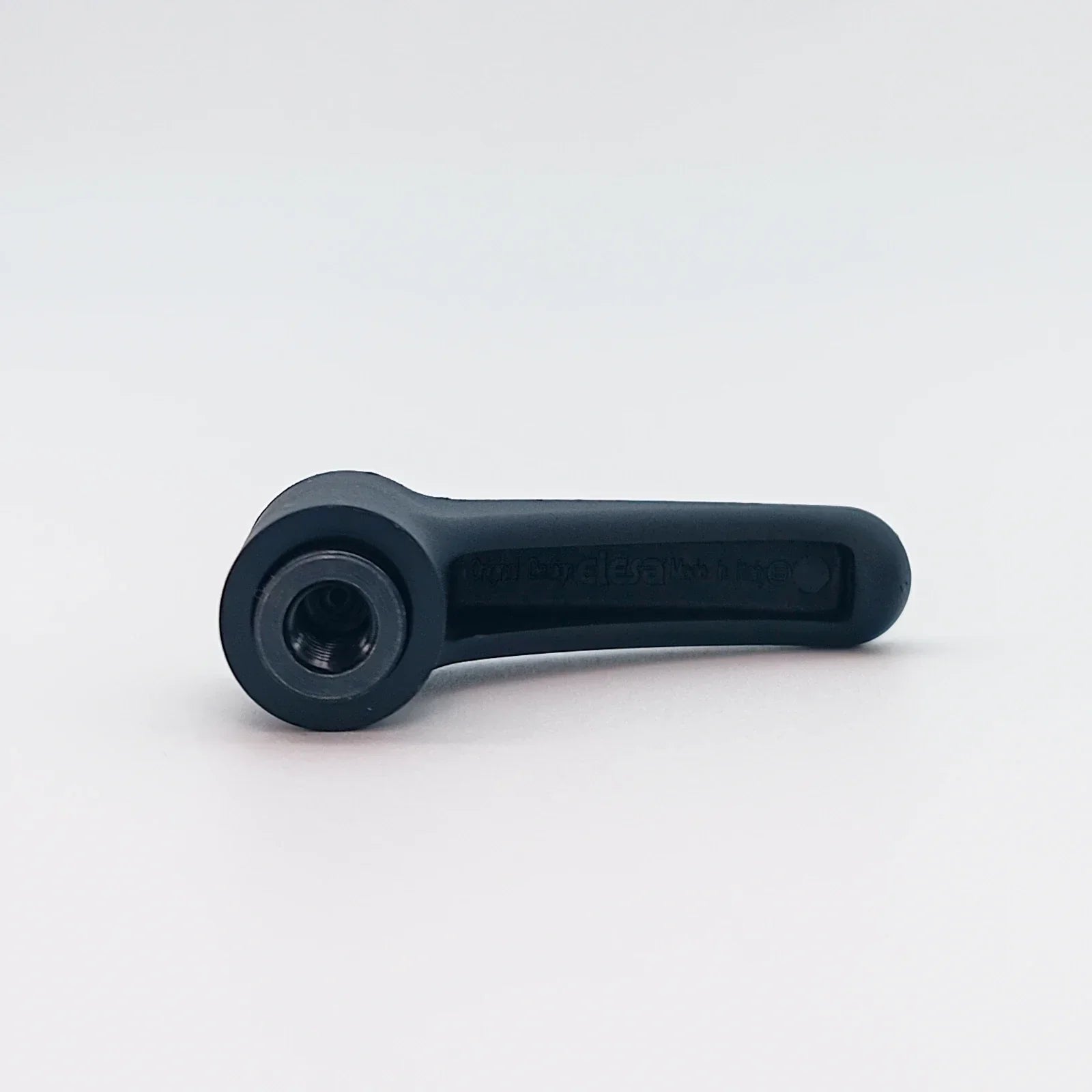 Black wheelchair spoke guard accessory with threaded hole for secure attachment